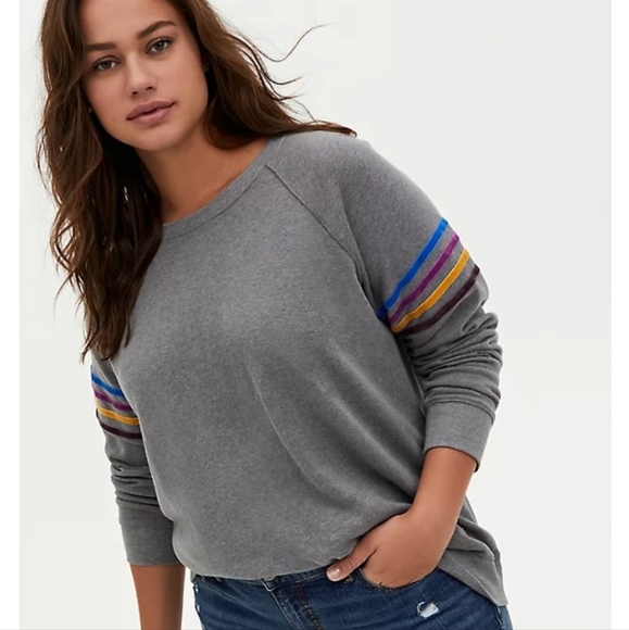 New! Torrid Women Plus Size Gray Rainbow Striped Stretch Sweatshirt Size 0 (L). - Picture 2 of 9